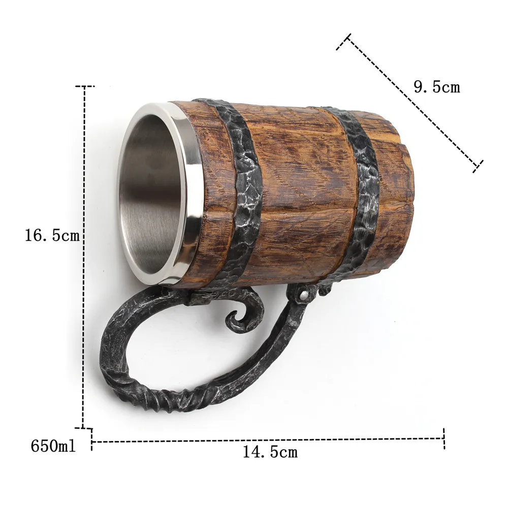 Barril de madera Resina de acero inoxidable Taza de cerveza 3D Juego de copa Jarra Taza de café Tazas de copa de vino 650 ml GOT Gift268e