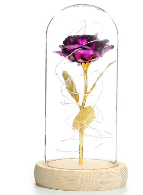 LED-Galaxie-Rosenblume, Valentinstagsgeschenk, romantische Kristallrose, hoher Bor-Glas-Holzsockel für Freundin, Frau, Party-Dekoration189o