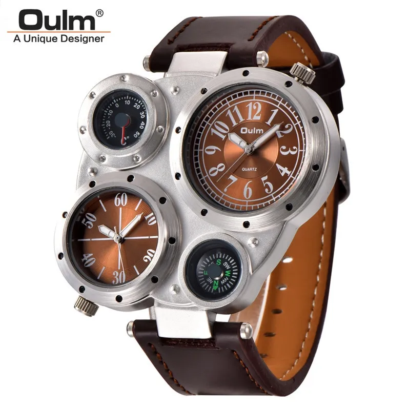 Oulm HP9415 montres de Sport double fuseau horaire montre-bracelet à Quartz boussole décorative thermomètre mode cuir mâle Watch202b