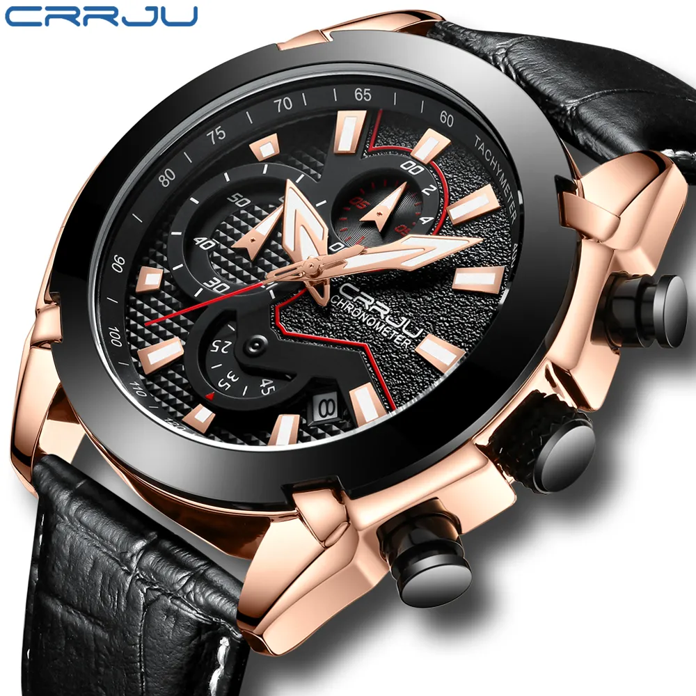 CRRJU hommes chronographe montre à Quartz hommes de luxe Date lumineux étanche montres bracelet en cuir robe montre-bracelet erkek kol sa227l