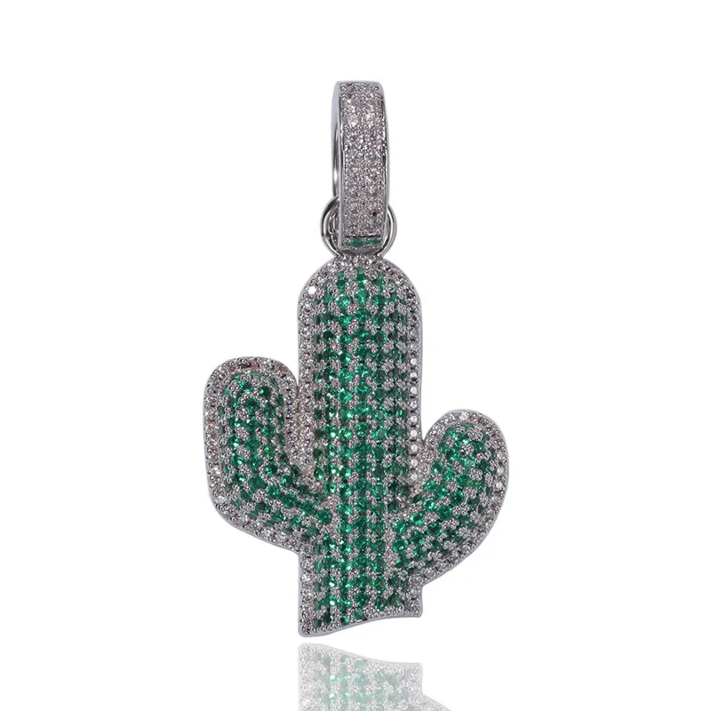 2019 Summer Green Cactus Necklace Iced Out Cubic Zircon Gold White Plated Mens Hip Hop Jewelry Gift2351