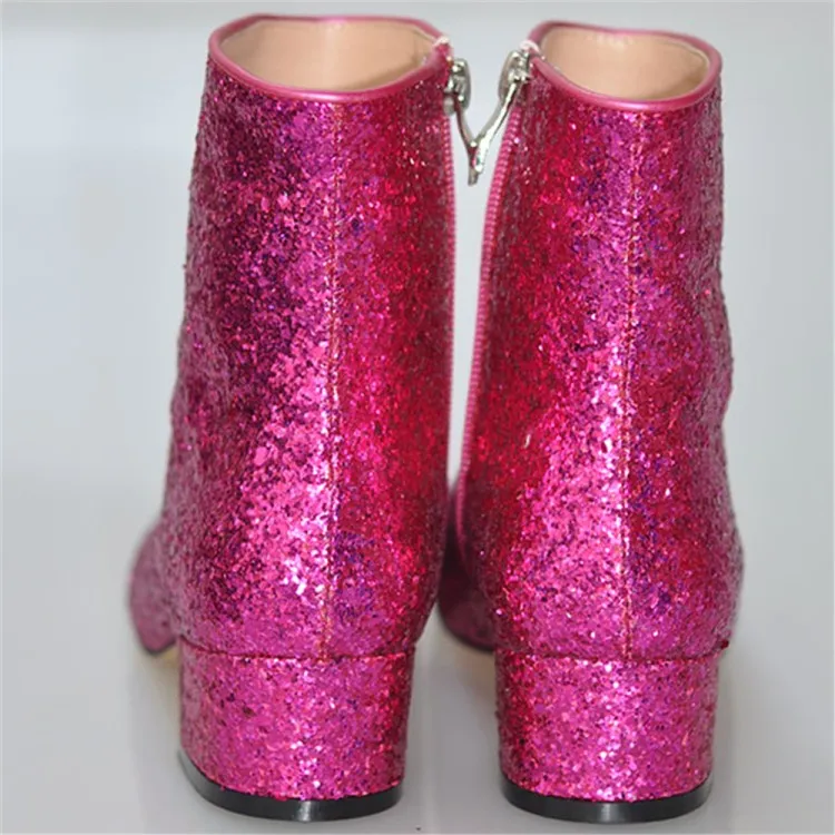 Rontic Women Glitter Ankel Boots Comfort Square Lågklackat Stövlar Rund Toe Gorgeous Fuchsia Party Shoes Women Plus US Size 5-15