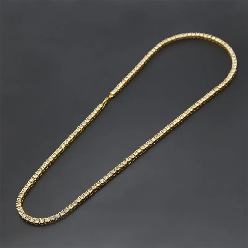 Hip Hop Gold Chain 1 Row 5mm Round Cut Tennis Necklace Chain 20inch --30inch Mens Punk Iced Out Rhinestone chain Necklace267O