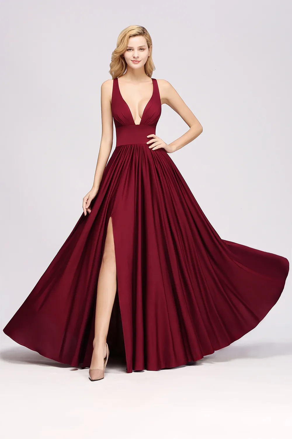 Burgundy Bridesmaid Dresses A Line Spandex Backless Sexy Split Deep V Neck Prom Evening Dresses Formal Party Gown BM0141