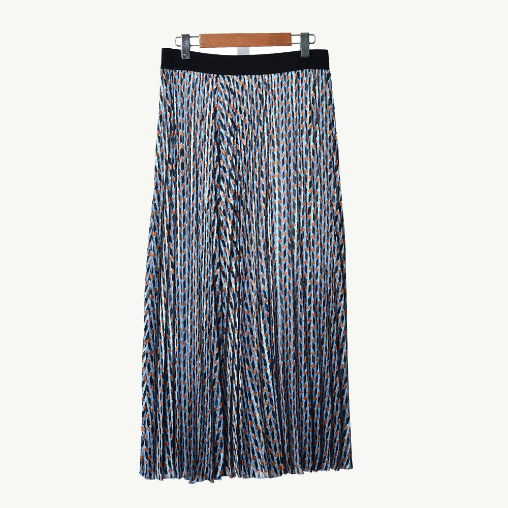 2020 Wiosna Lato Niebieski Geometryczny Druku Eleganckie Pełna Plisowana Średnia łydka Spódnica Kobiet Spódnice Mody W0615005