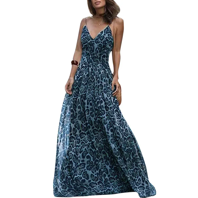 Женское длинное платье с леопардовым принтом и v-образным вырезом, спагетти, бретельки, летние пляжные платья 2019, повседневное платье макси без рукавов, Vestidos J190601