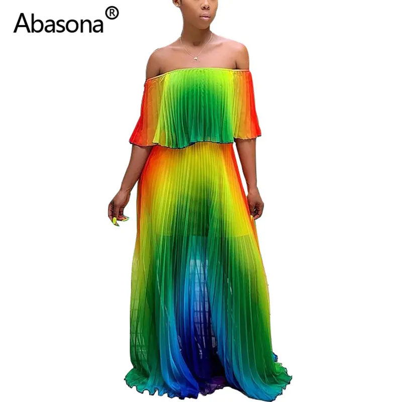 Abasona Hush Chiffon Donna Estate Abito lungo da spiaggia Boho Sfumature Tie Dye Stampa Orlo grande con spalle scoperte Maxi Abito da sera da sera Y19071101