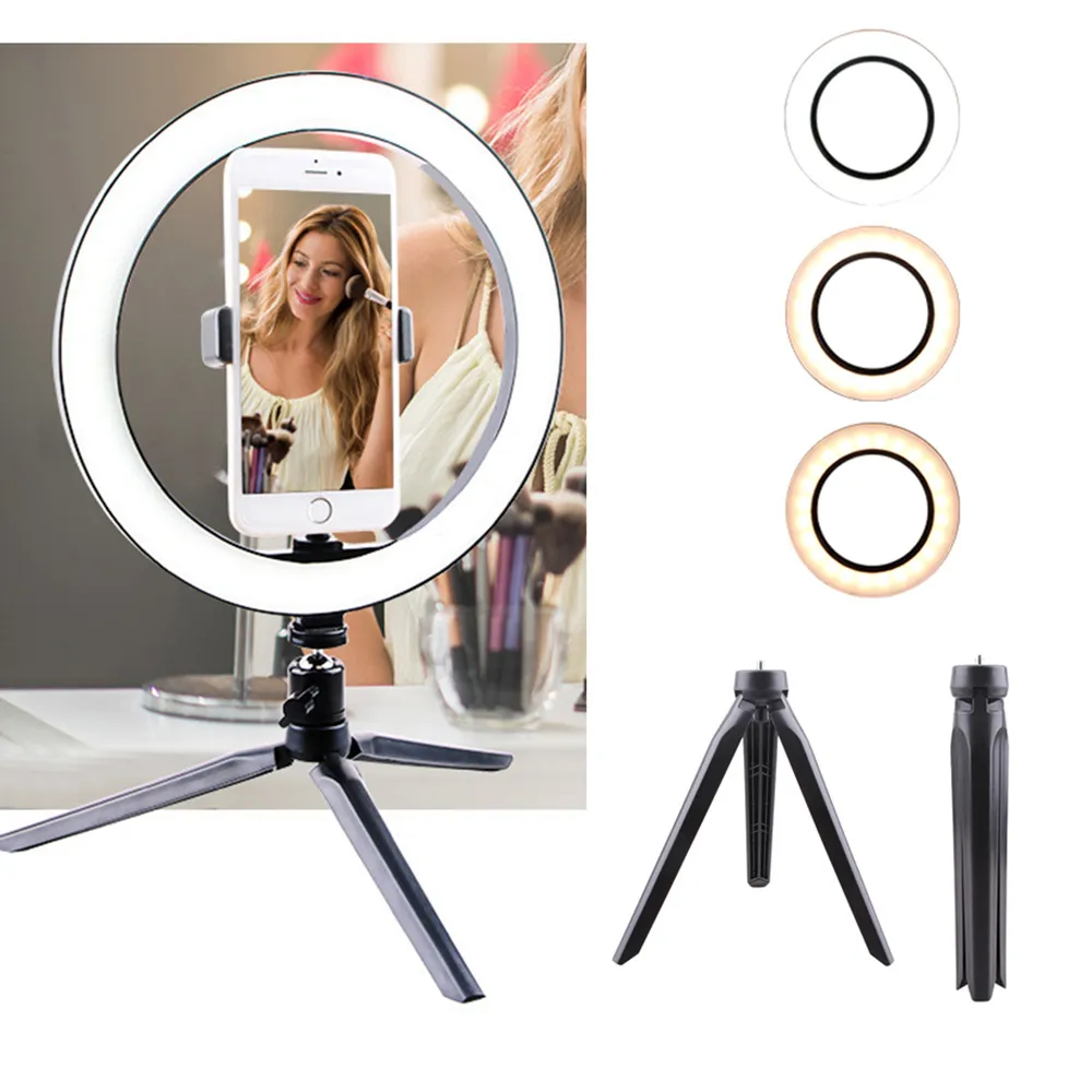 12W fotografering LED selfie ring ljus 260mm Dimmerbar kamera Telefonlampa Fyll ljus med bordstativ telefonhållare T200115