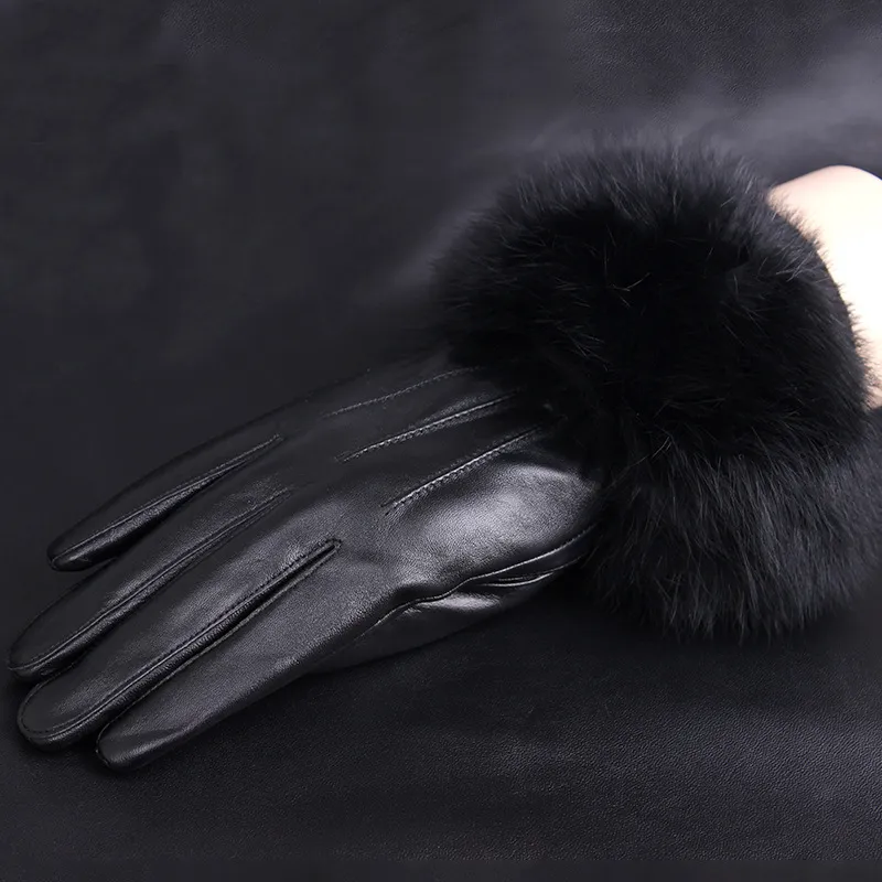 Guantes de piel de oveja negros de invierno, guantes de cuero para mujer, guantes de piel de conejo con parte superior de muñeca, guantes de piel de oveja, guantes de conducción femeninos cálidos negros CJ1269b