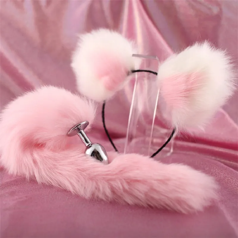 Cute Soft Cat ears Headbands with 40cm Fox Tail Bow Metal Butt Anal Plug Erotic Cosplay Accessories Adult Sex Toys for Couples MX200410