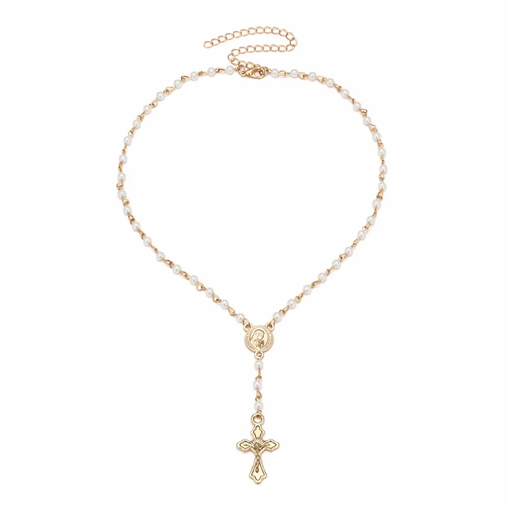 Sparkly Cross Pendant Choker Necklace Long Imitation Pearl Pärled Chain Rosary Madonna Coin Halsband Pendants religiösa smycken216f