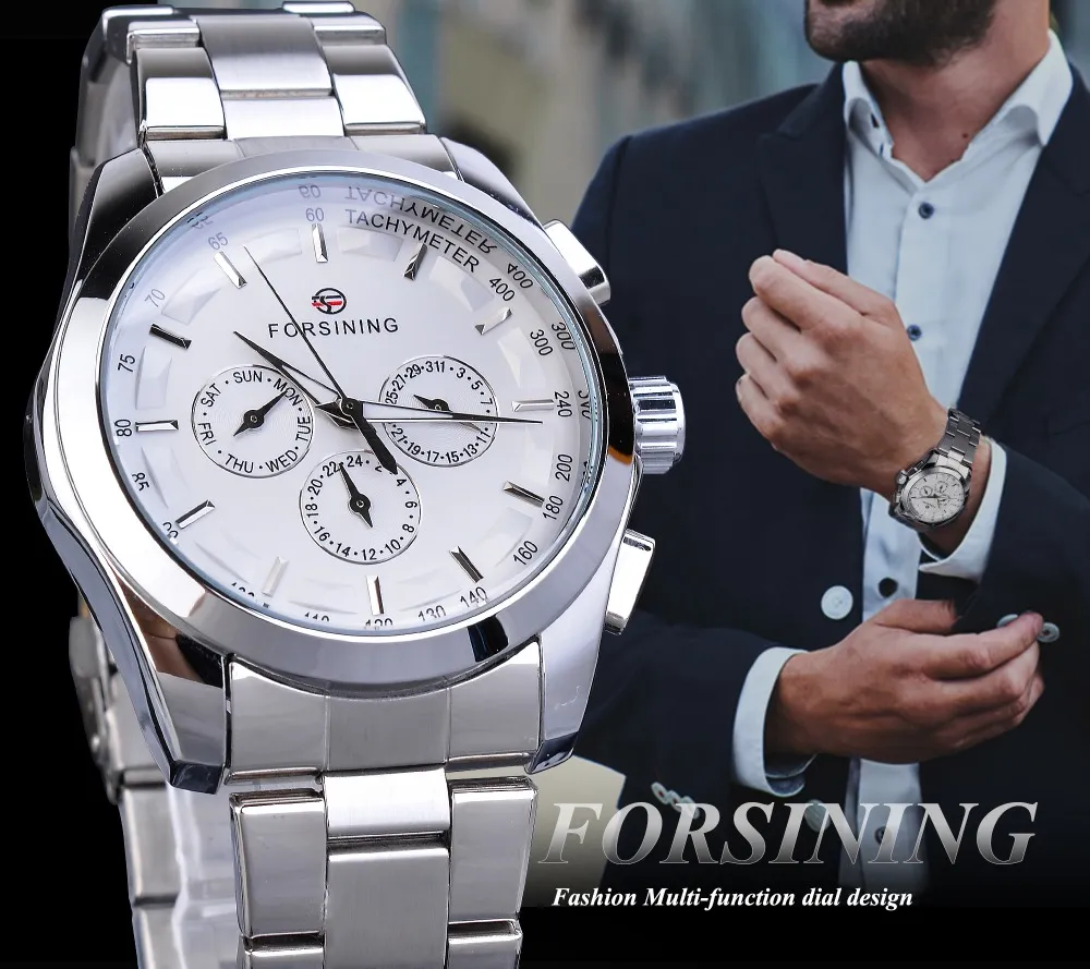 Forsining argento bianco orologio meccanico maschile 3 quadrante secondario lancette luminose data cinturino in acciaio inossidabile uomo business sport Montre Homme303p