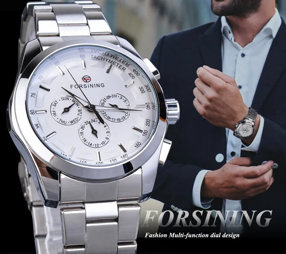 Forsining Silber Weiß Männliche Mechanische Uhr 3 Sub Zifferblatt Leucht Hände Datum Edelstahl Band Mann Business Sport Montre Homme297O