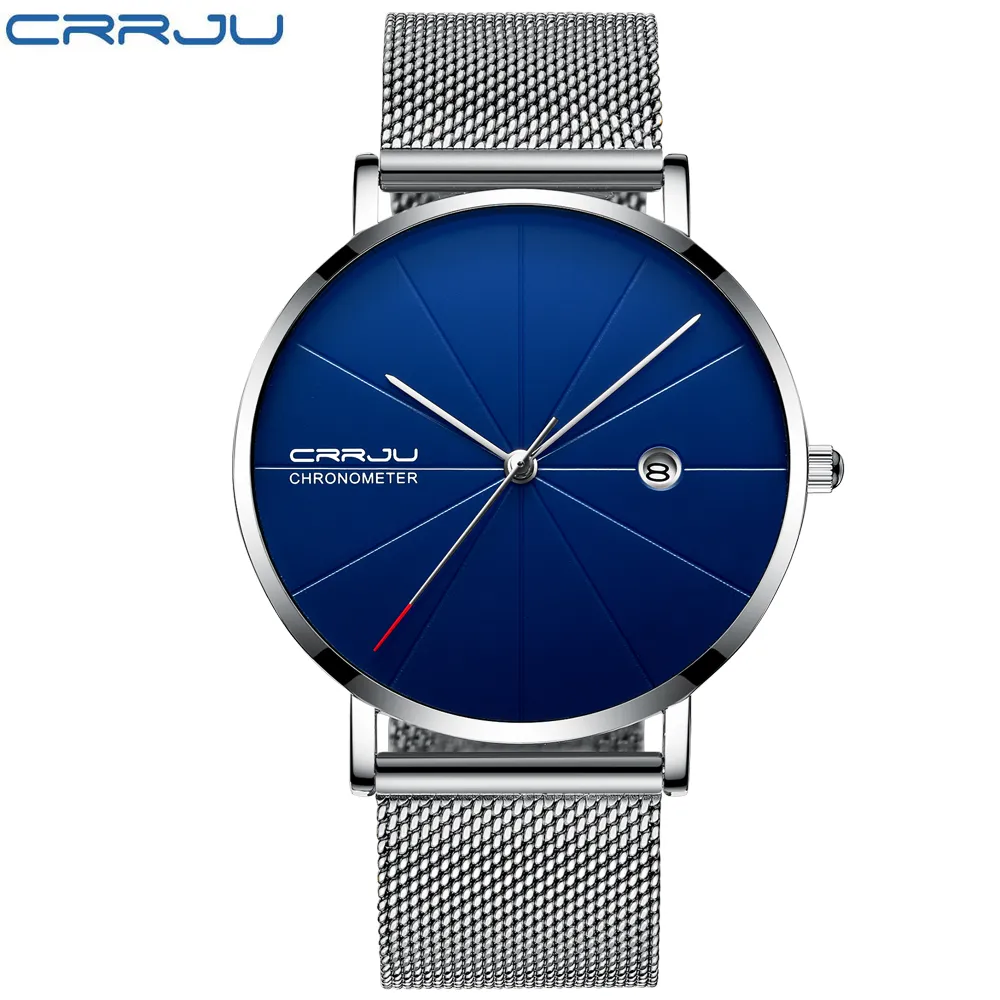 CRRJU montres pour hommes nouvelle marque de luxe hommes mode sport montre à Quartz en acier inoxydable bracelet en maille Ultra mince montres cadeau Clock254Y