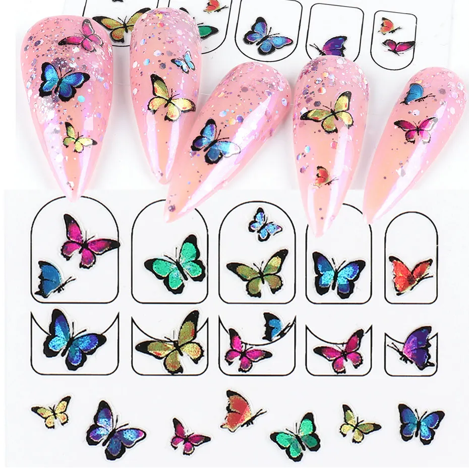 Nagelkunstaufkleber Buntes Schmetterling 3D -Kleberabziehbilder Design DIY Manicure Sliders Wraps Foliendekoration für Nägel La17876618446