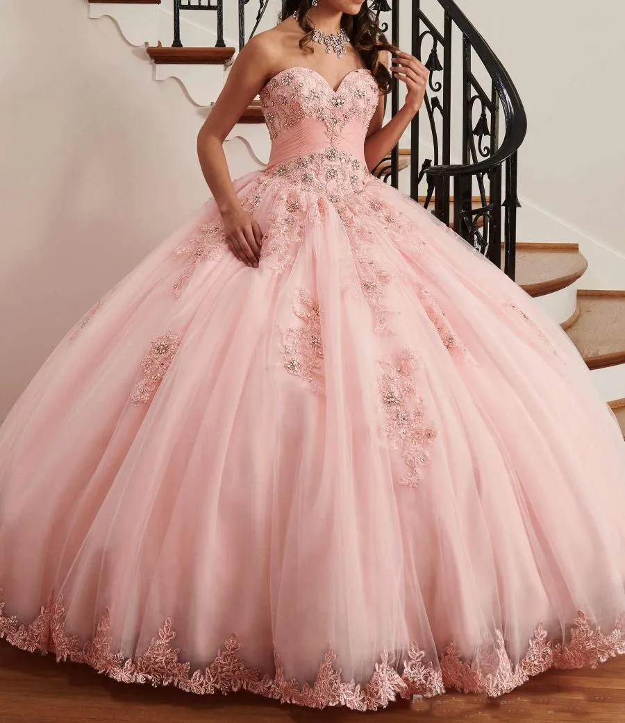 Lindo rosa quinceanera vestido de baile querida renda com miçangas 2022 vestidos de festa para meninas 15 anos2370