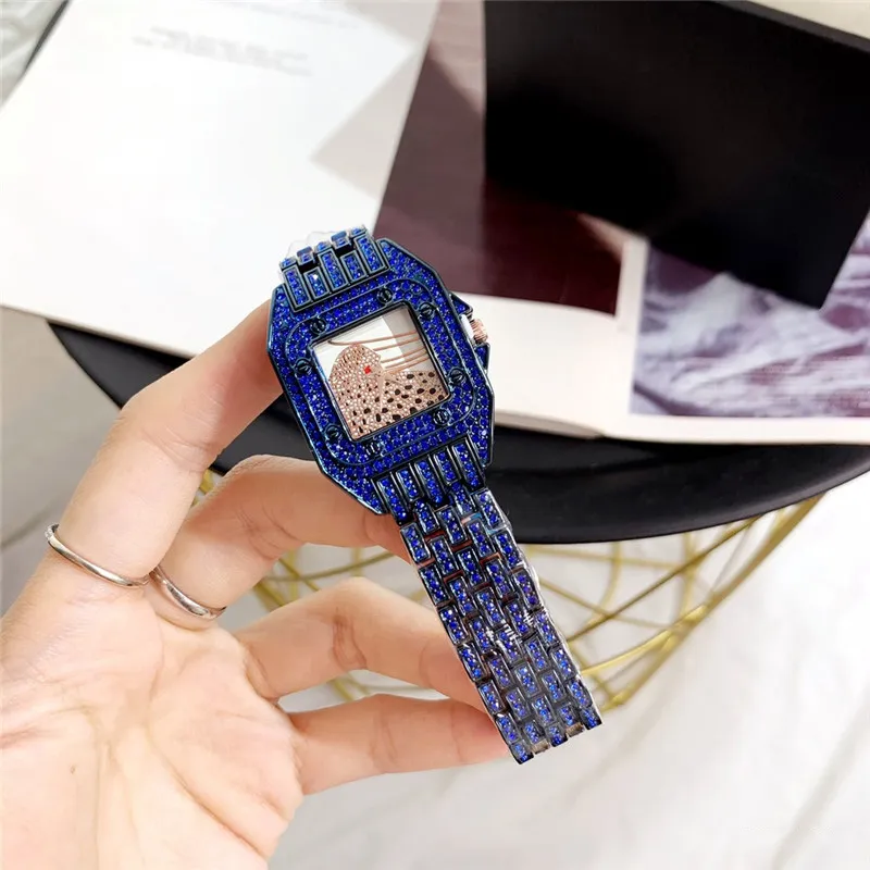 Fashion Brand good quality beautiful women's Girl leopard crystal square style dial stainless steel band Quartz wrist Watch C264c