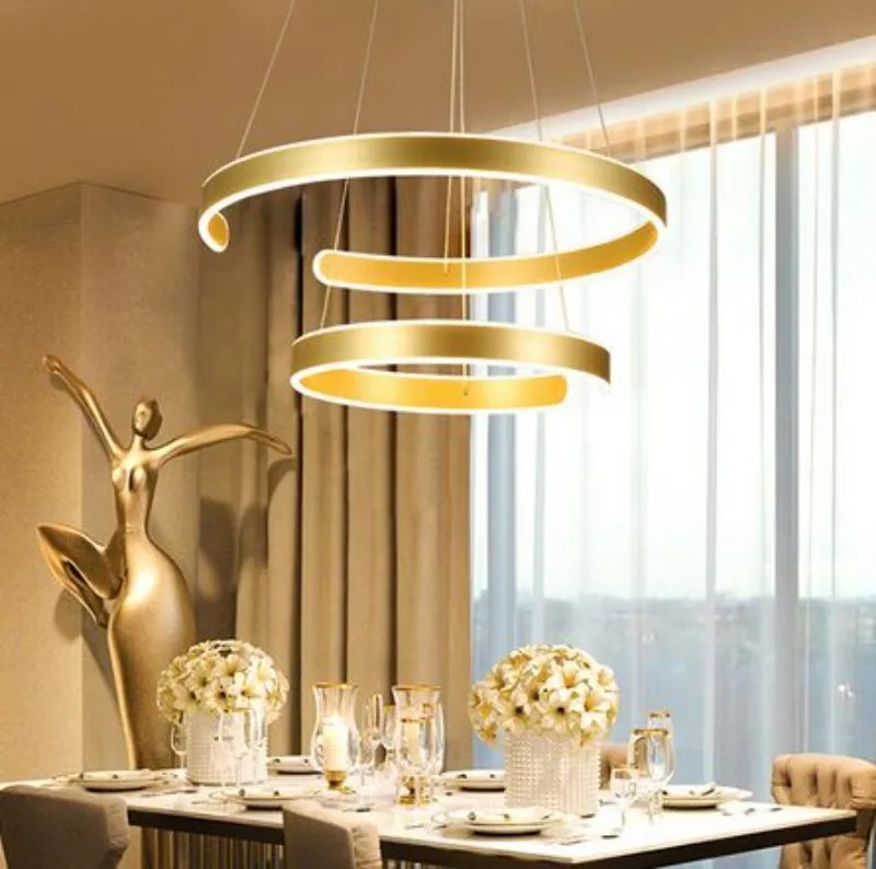 AC90-264V Lustre suspendu moderne pour salon salle à manger géométrie anneaux C corps en aluminium acrylique éclairage LED plafond 260w