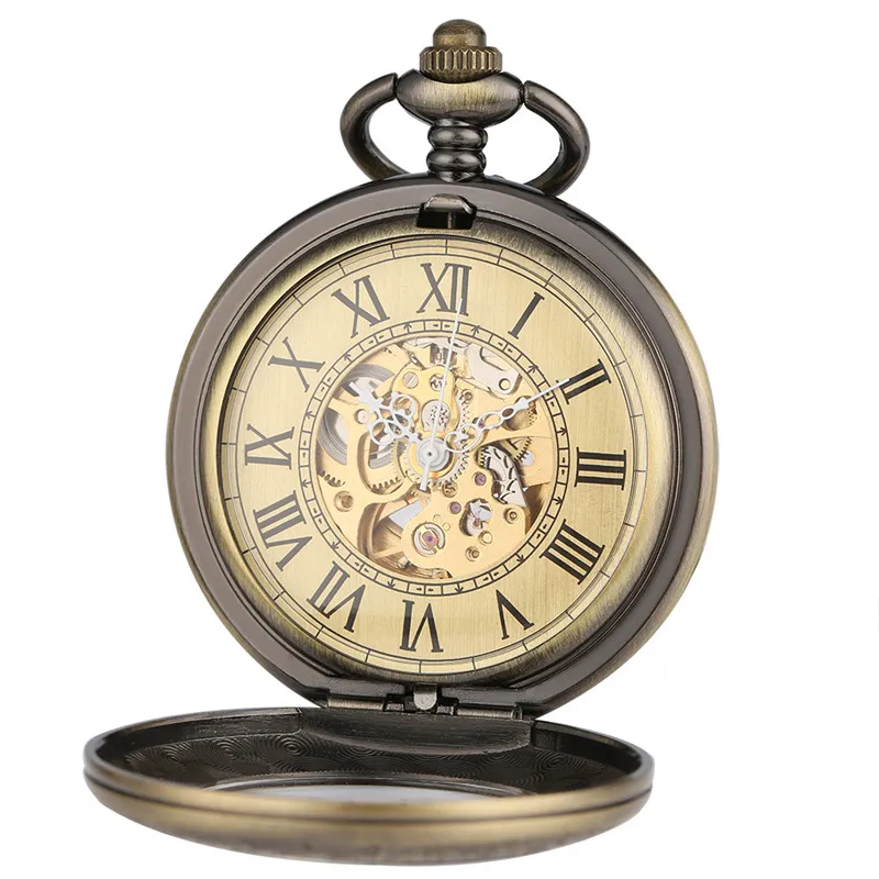 Orologio da tasca vintage in bronzo numeri romani scheletro orologi meccanici automatici uomo donna orologio a carica automatica pendente FOB catena270l