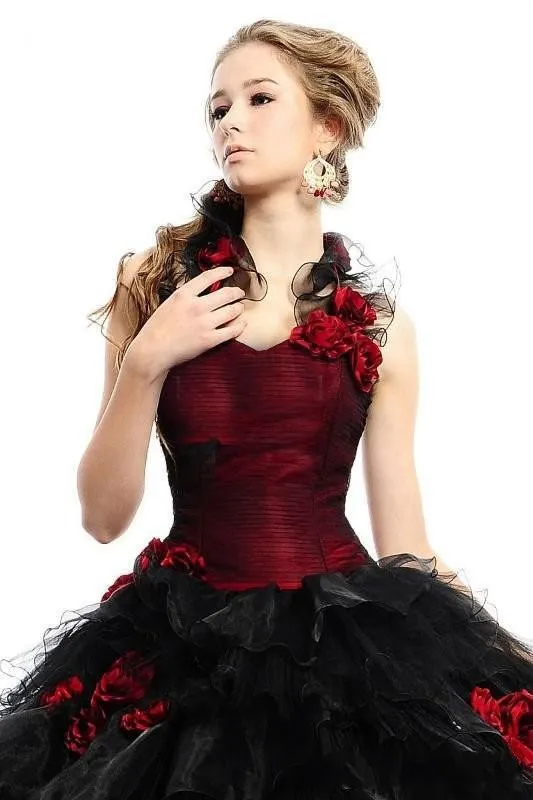 2019 vintage borgonha gótico plus size vestido de baile vestidos de noiva vestidos de noiva sem alças flores preto e vermelho tule halloween part282f