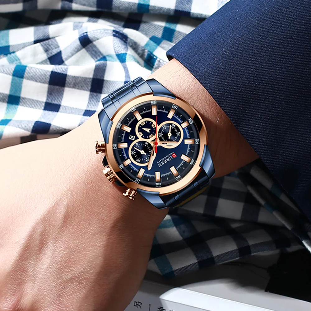 CURREN mode décontracté montres en acier inoxydable hommes montre-bracelet à Quartz chronographe montre de sport pointeurs lumineux horloge Male248M