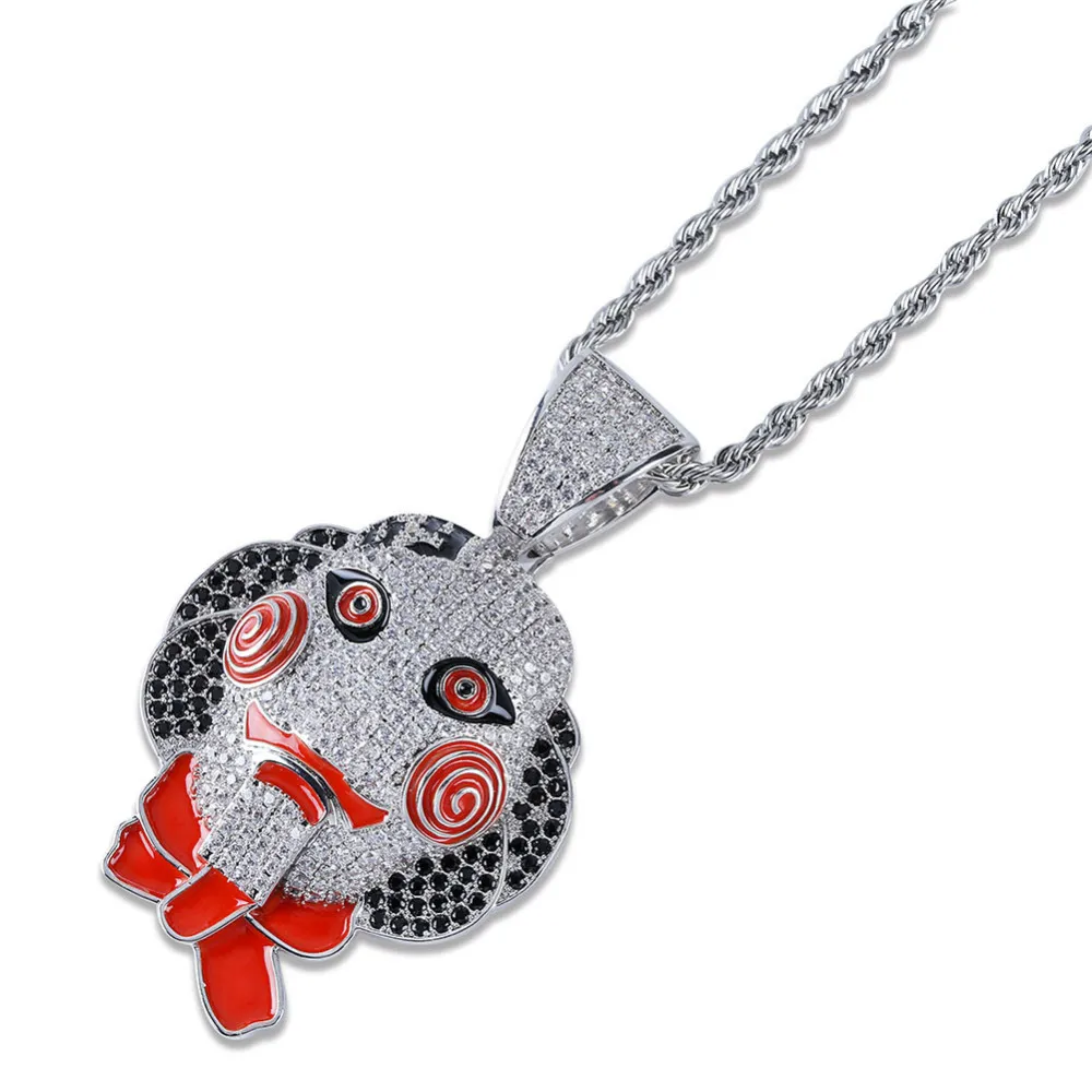 Collana con ciondolo maschera testa di bambola ghiacciata zircone cubico Hip Hop oro argento colore uomo donna ciondoli catena di gioielli2580