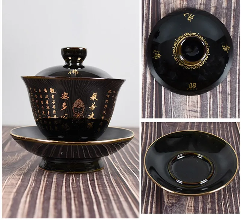 Cerâmica zen gaiwan buda esmalte porcelana tureen de chá azul e preto cor criativa vintage kung fu tigela copo e pires291f