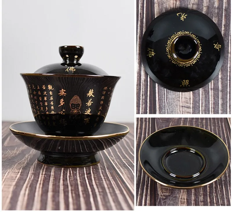 Ceramica Zen Gaiwan Buddha Smalto Porcellana Zuppiera da tè Colore blu e nero Creativo Vintage Kung Fu Ciotola Tazza e piattino267d