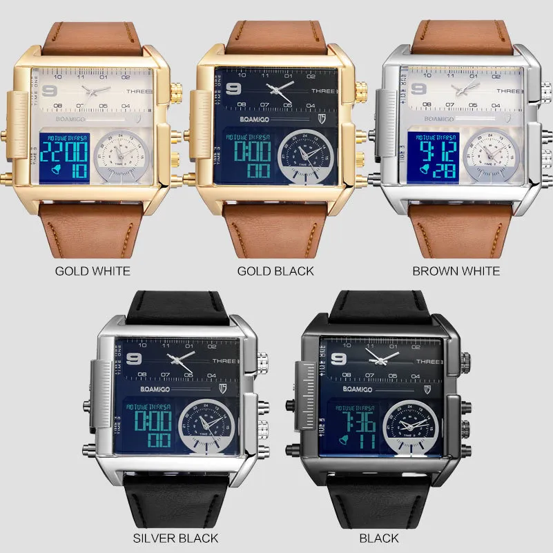 Boamigo Brand Men Sports Watches 3 Time Zone Big Man Fashion Military Led Watch Leather Quartz Wristwatches Relogio Masculino J190251c
