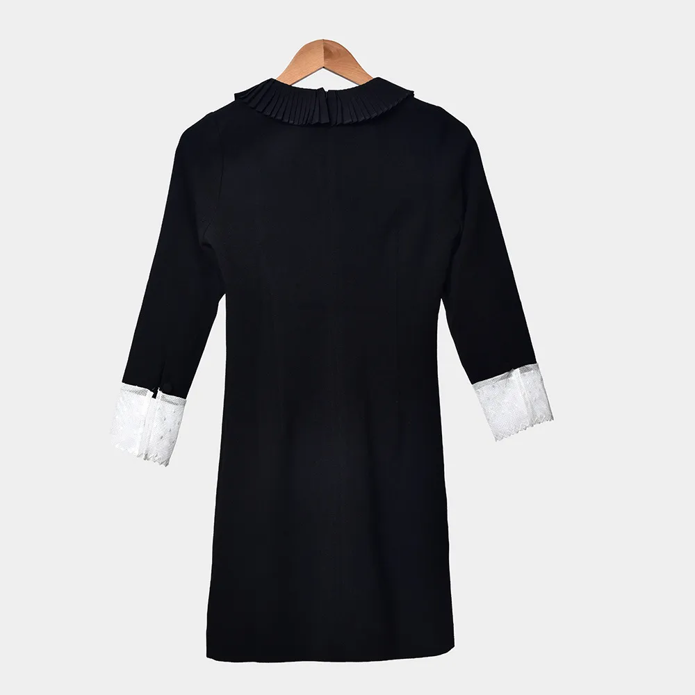 2019 herfst winter lange mouw ronde hals zwarte contrast kleur kant lameled geplooide korte mini jurk vrouwen mode jurken D2616277S