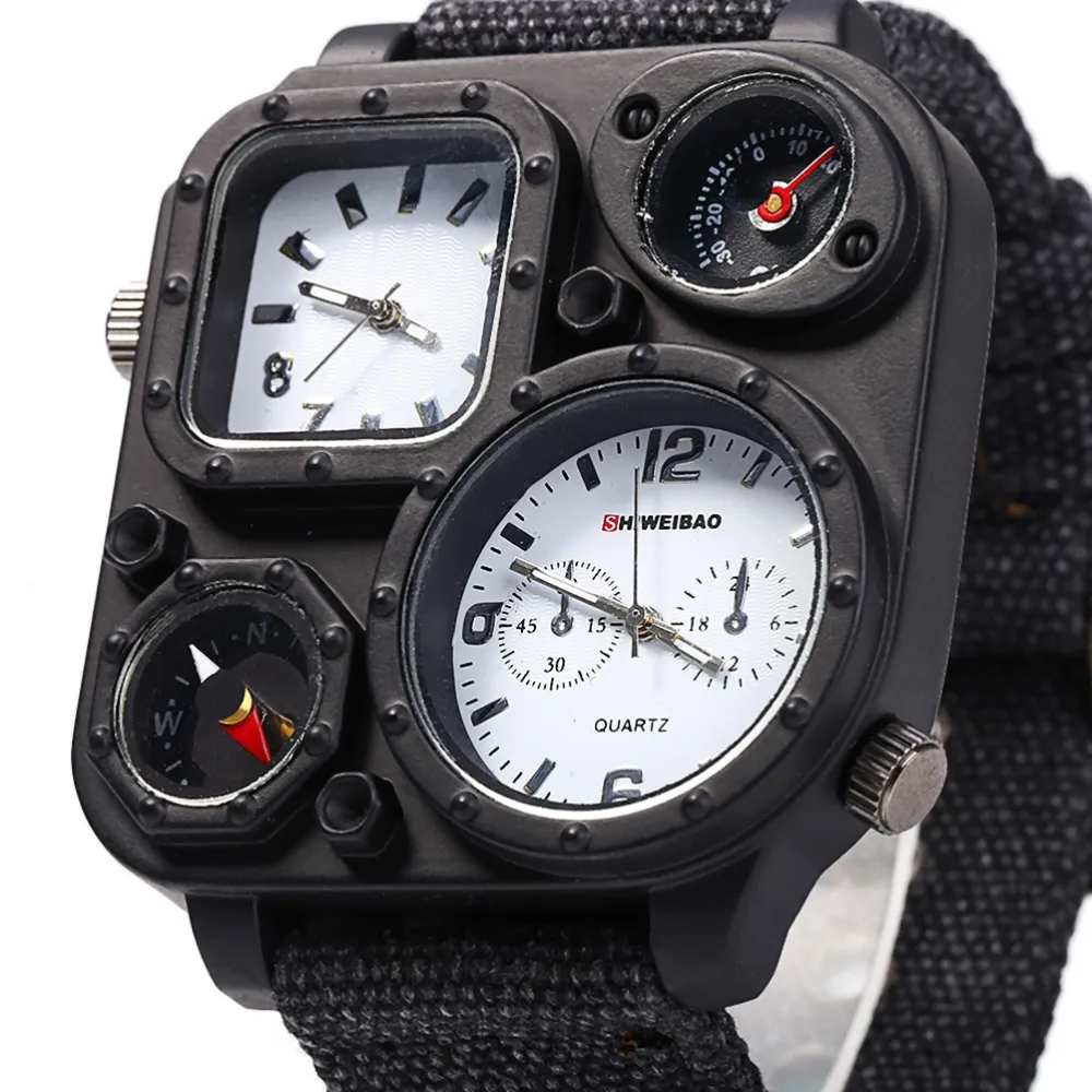 SHIWEIBAO J1169 Watches Men Big Dial Dual-Movement Sport Quartz Watch Men Military Compass Canvas Wristwatches Relogio Masculino2484