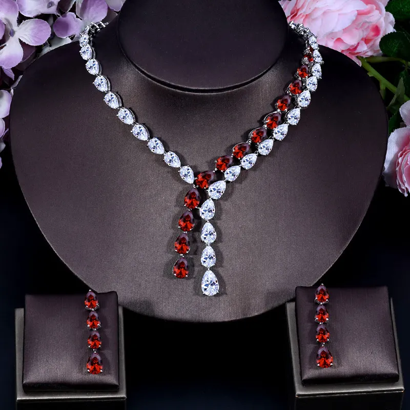 أقراط قلادة Angelcz Perfect Water Drop Cz Crystal Royal Blue Stone Bridal Long Tassel و Endring Women Evening Jewelry SE272J