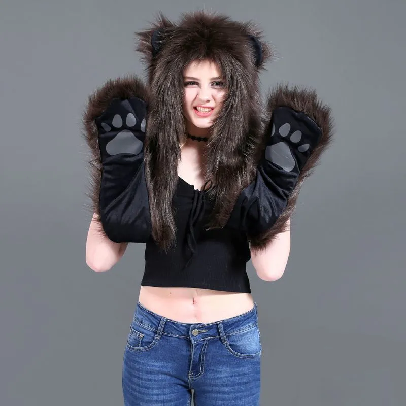 3 in 1 Damen Herren Plüschtier Wolf Leopard Kapuze Schal Mütze mit Pfoten Fäustlinge Handschuhe verdicken Winter Warm Earflap Bomber Cap 2102033105304