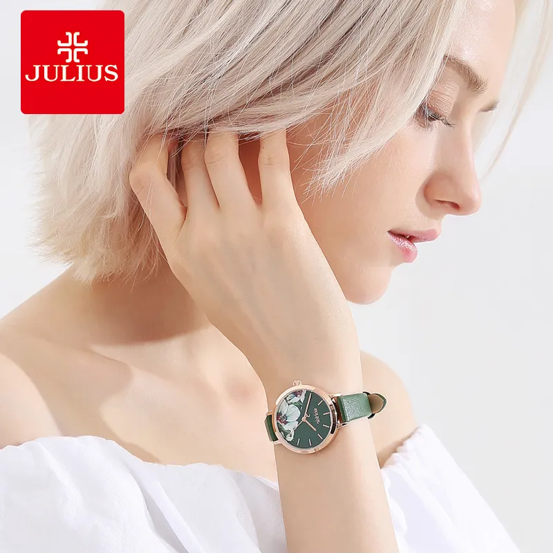 2022 julius relógio verde fresco menina moda relógio flor design delicado presente relógio para gf com caixa de presente embalagem JA-10893271