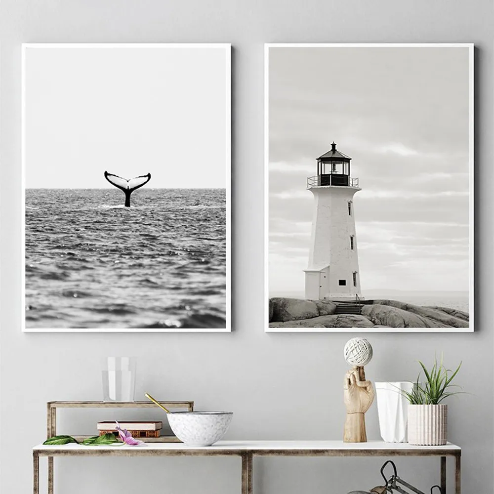 Faro in bianco e nero Poster Spiaggia Arte Pittura Balena Poster Nordic Poster e stampe Minimalista Wall Art Print Home Decor9464371