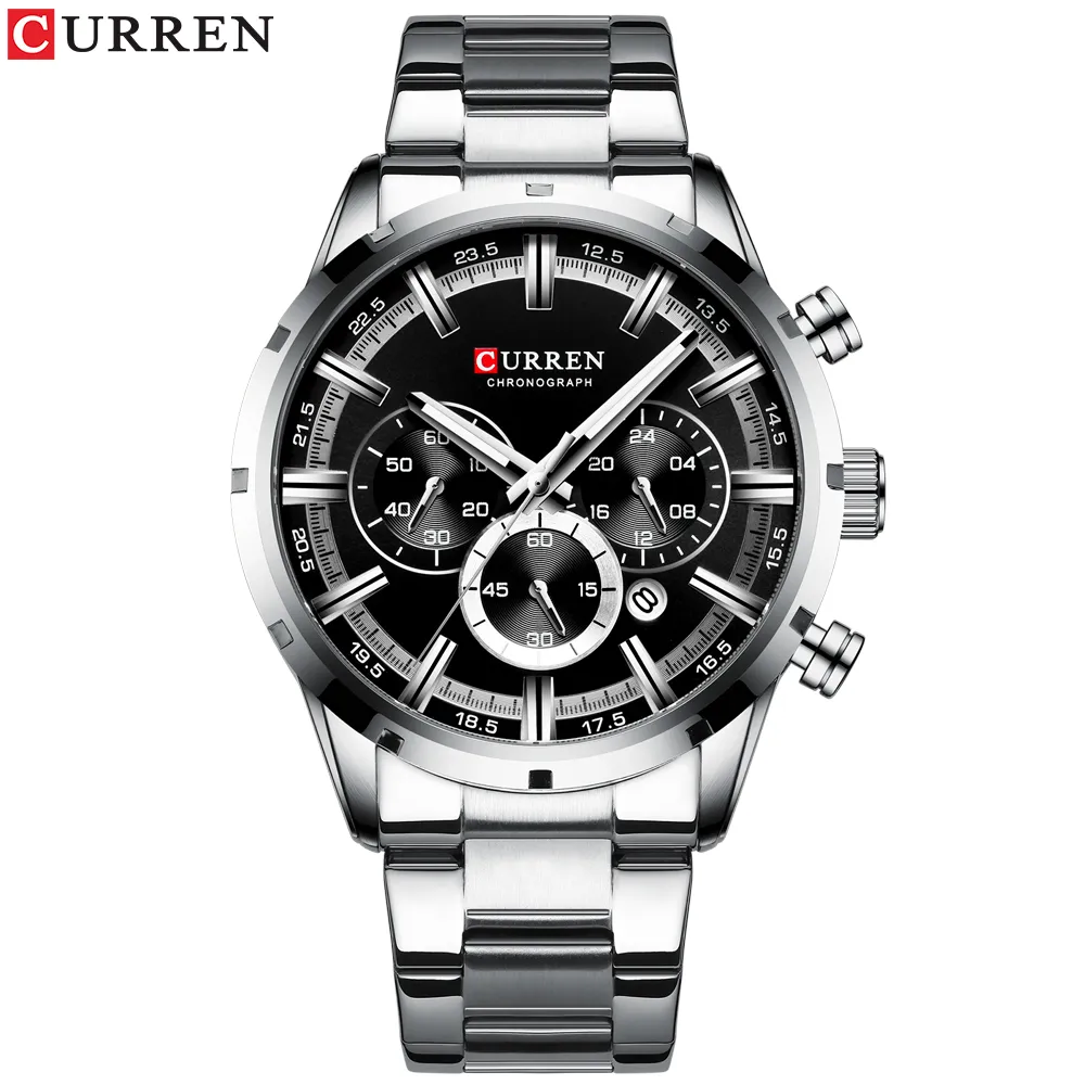 CURREN montres à Quartz de mode de luxe classique argent et noir horloge montre homme montre-bracelet pour homme avec calendrier Chronograph217a