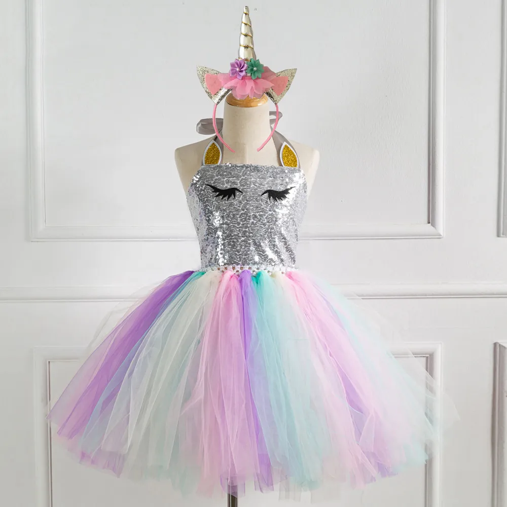 Flickor Princess Dress Up Barn Sequin Top Rainbow Tulle Tutu Dress Kids Party Cosplay Kostymer