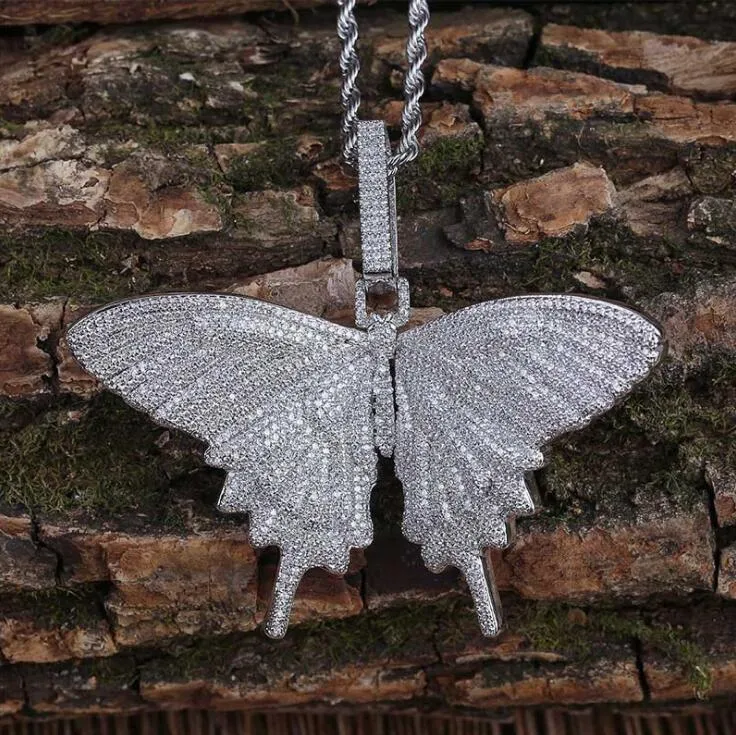 2019 Iced Out Animal Big Farterfly Pendant Necklace Silver Blue Plated Mens Hip Hop Bling Jewelry Gift Whole203m