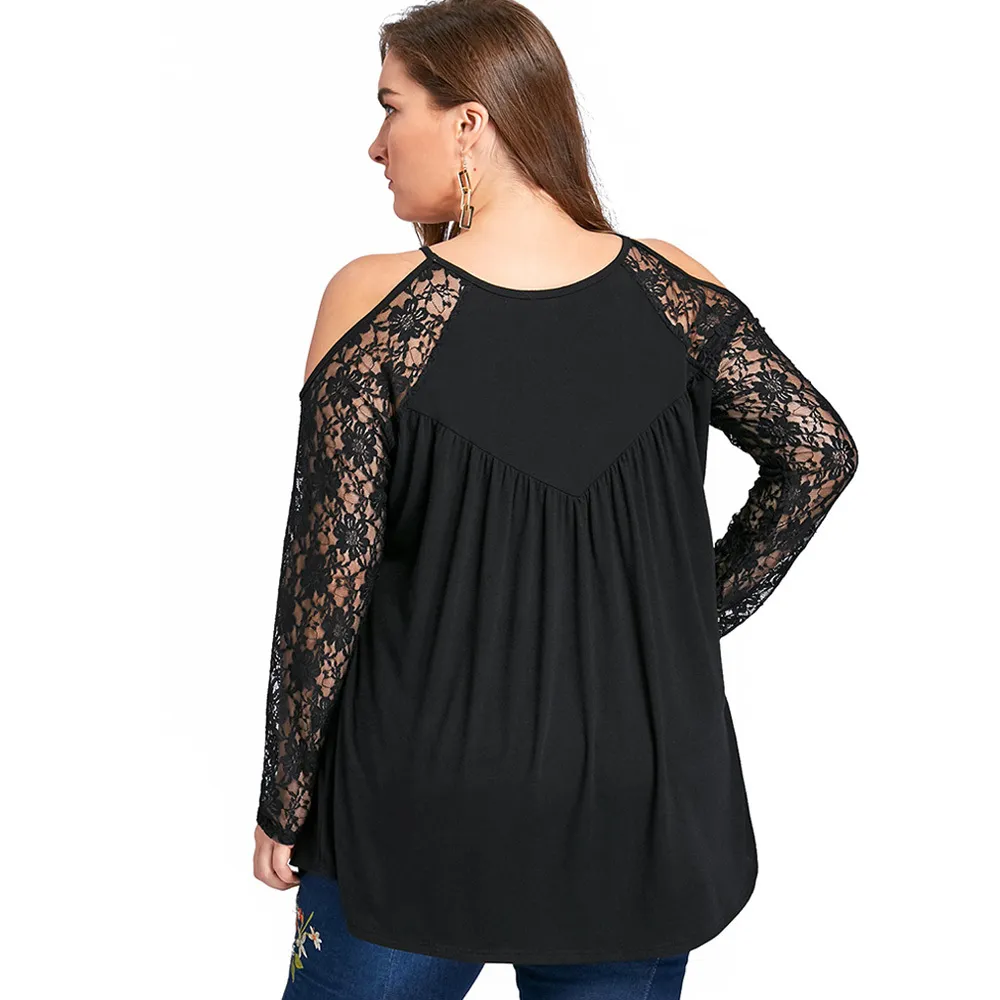 Wipalo Plus Size Donna Camicette 5XL Cold Shoulder Lace Up Top Abbigliamento donna Sexy Pizzo Crochet Sheer Mesh Camicetta Camicie Big Size T200321