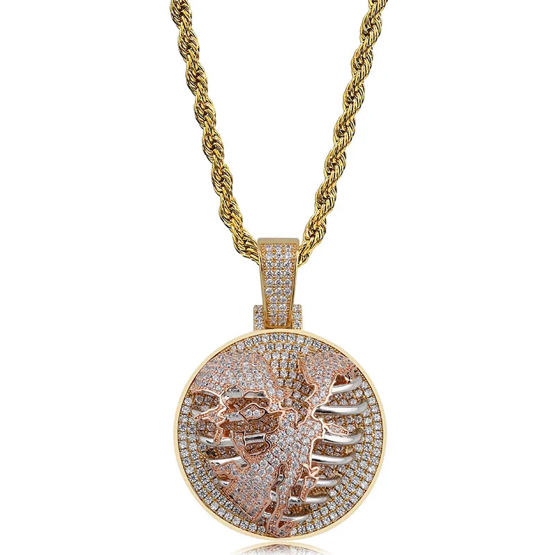 Мужское 18-каратное золото Iced Out CZ с цирконием, персонализированное порванное сердце, трещина в легких, круглый кулон, ожерелье, цепочка, ювелирные изделия в стиле хип-хоп, Wh296r