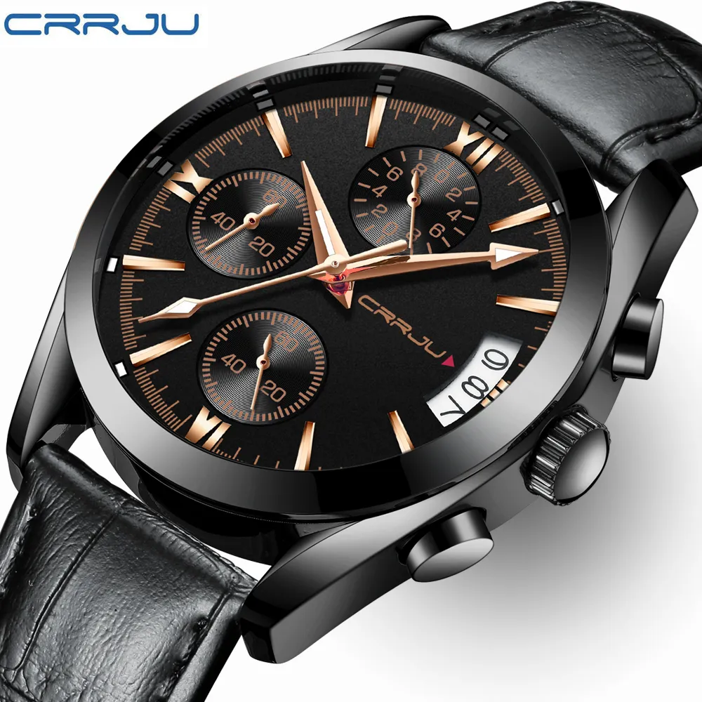 CRRJU, relojes militares para hombre, esfera negra, reloj de cuarzo de negocios, correa de cuero para hombre, reloj resistente al agua, fecha, multifunción Watc219U