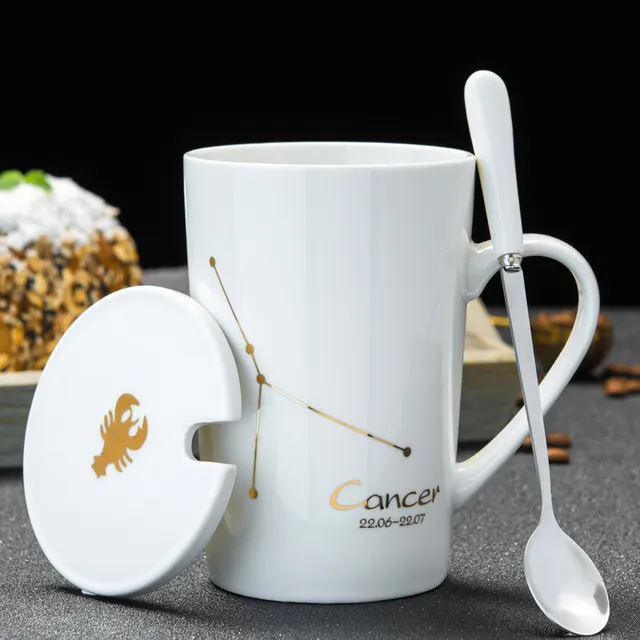 12 별자리 숟가락 뚜껑 흰색 도자기 조디악 우유 커피 컵 450ml 물 음료웨어 253S를 가진 창조적 인 세라믹 머그잔