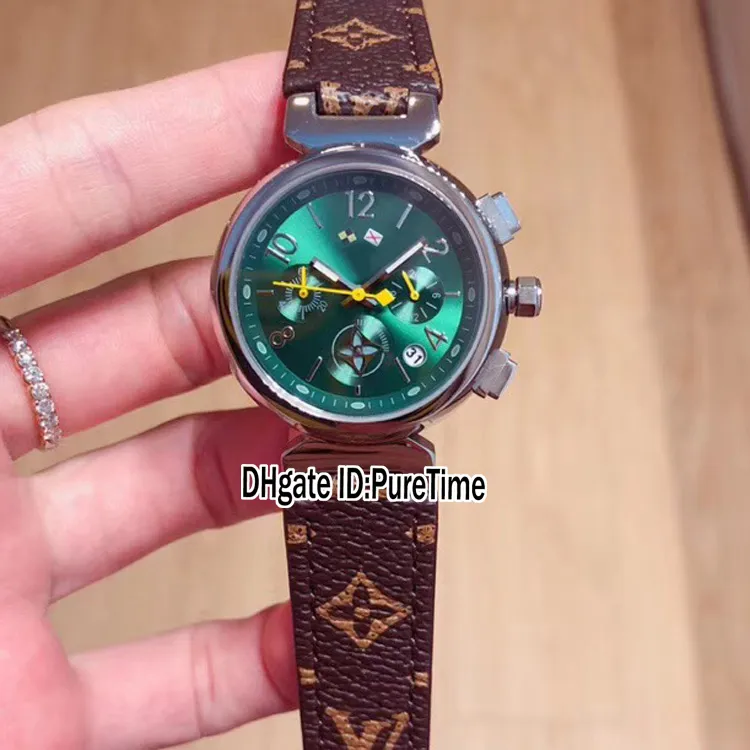 Новый Q13250 Стальной корпус Зеленый циферблат Японский кварцевый хронограф Женские часы Коричневый кожаный ремешок Женские женские часы Секундомер Puretime 219Q