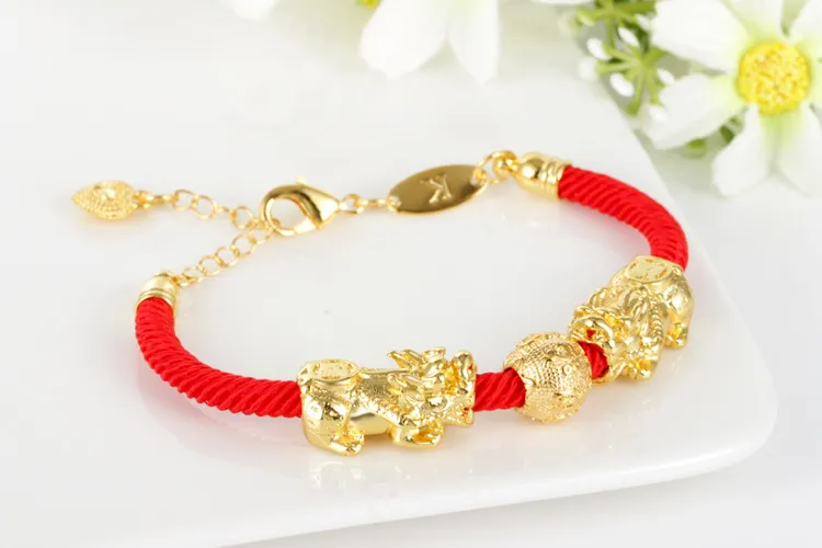 HW01 new 24k gold double pixiu bracelet red rope lucky men and women bracelet248w