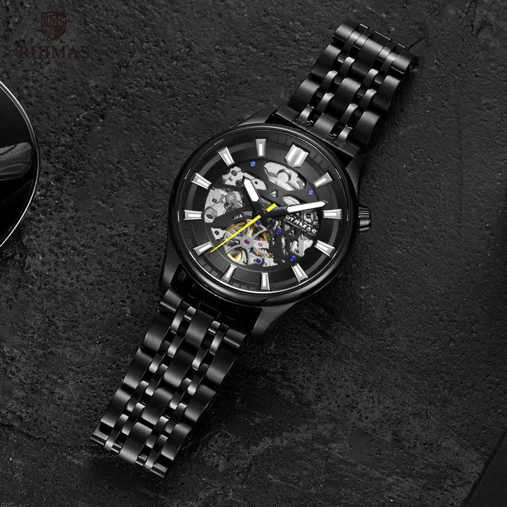 Ruimas Men Black Automatic Watches Luxury Business Stainless Steel Watch Man Top Brand Skeleton Mechanical Wristwatch 6770264y