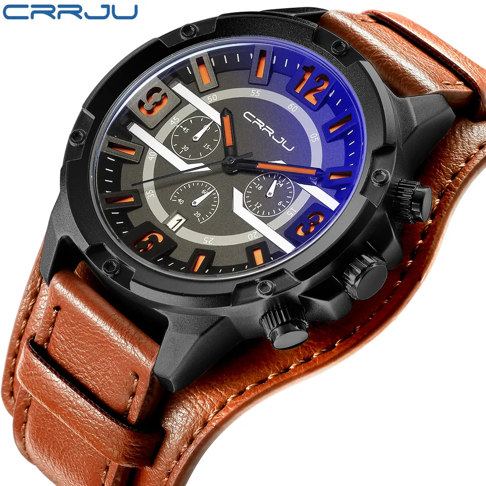 CRRJU nouveau haut de gamme hommes bracelet en cuir montre étanche montre-bracelet à Quartz décontractée pour hommes relogio masculino278s