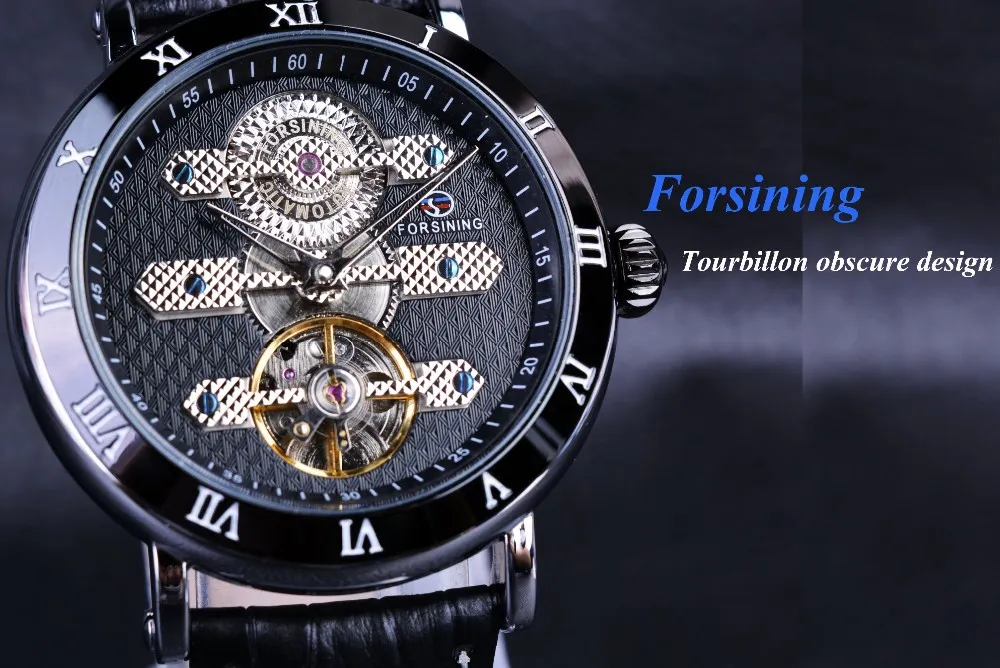 Forsining Tourbillion Designer obscuro Designer à prova d'água Mens de couro genuíno relógio Top Brand Luxury Mechanical Automatic Watch Relógio 256m