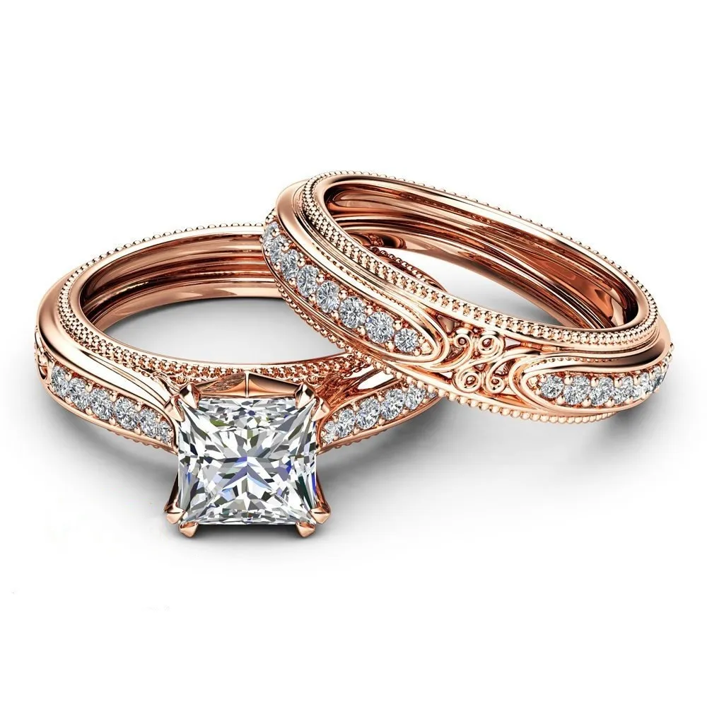 18K Rose Gold Retro Zircon Rings The Engagement Princess Square Diamond Ring for Women Anillos de Diamante Bizuteria Gemstone J1908525491