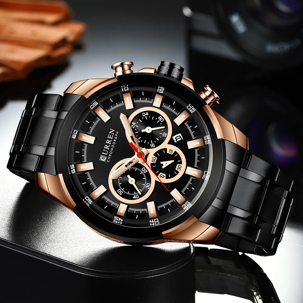 CURREN Orologio da uomo classico cronografo nero Orologio sportivo con data al quarzo Orologio da uomo Orologio da polso in acciaio inossidabile Relogio Masculino258l