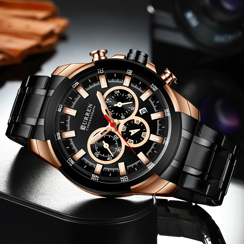 Reloj CURREN clásico cronógrafo negro para hombre, reloj deportivo de cuarzo con fecha, reloj masculino de pulsera de acero inoxidable, reloj Masculino286c